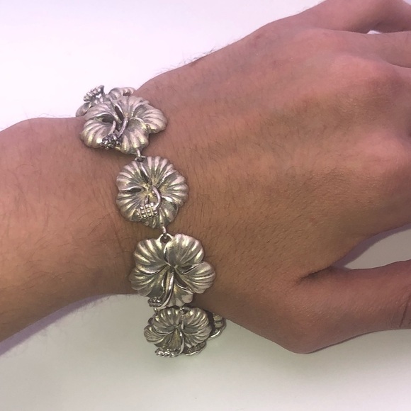 VTG Sterling Hibiscus Flower Link Floral Hawaiian Fetish Bracelet 8” / HEAVY 39g - Picture 3 of 10